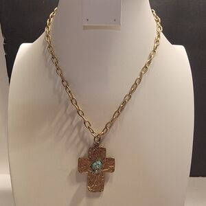 Matte Goldtone Cut Link Chain Necklace with Cross Pendent